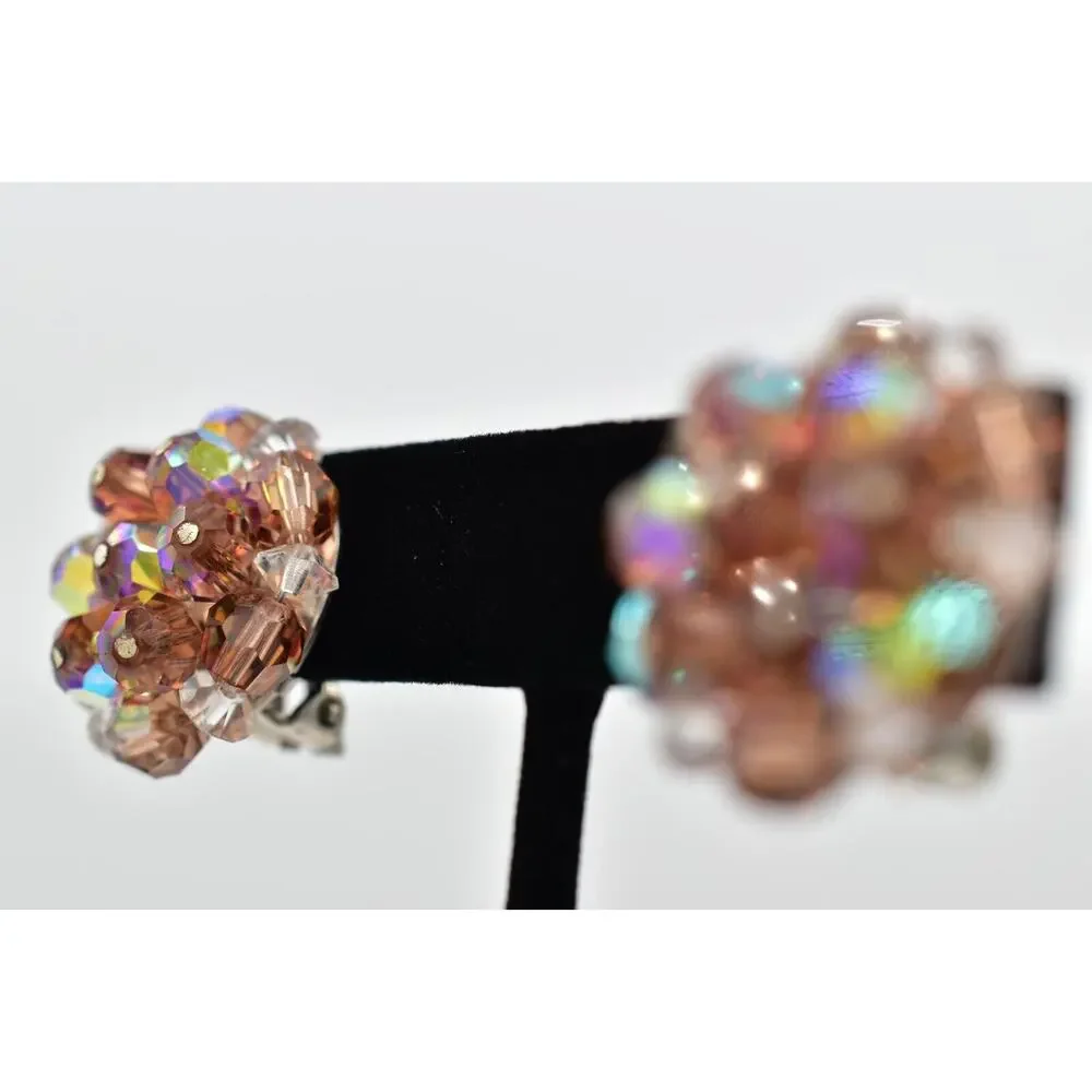 Laguna Vintage Clip On Crystal Earrings Champagne AB Cluster Signed 1950s A24